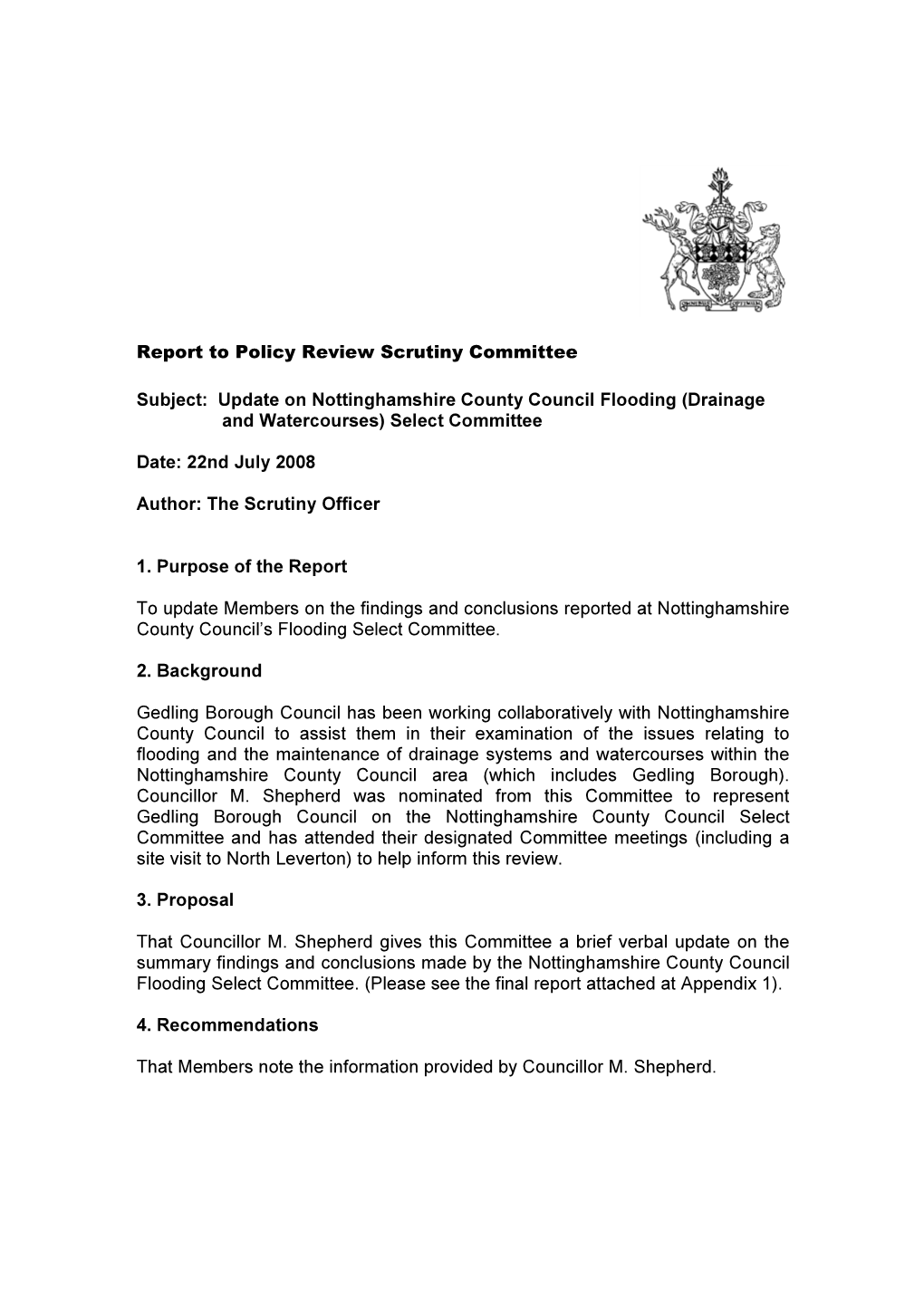 Update on Nottinghamshire County Council Flooding (Drainage and Watercourses) Select Committee