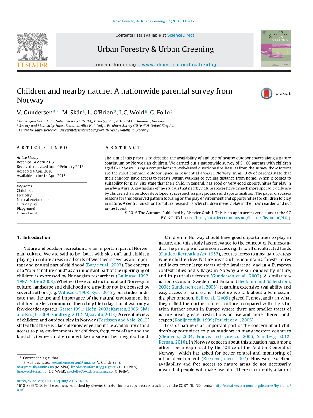 Children and Nearby Nature: a Nationwide Parental Survey from Norway