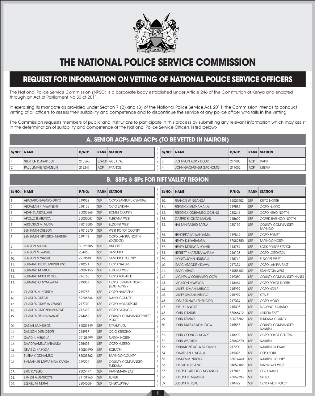 Request for Information on Vetting of National Police Service Officers