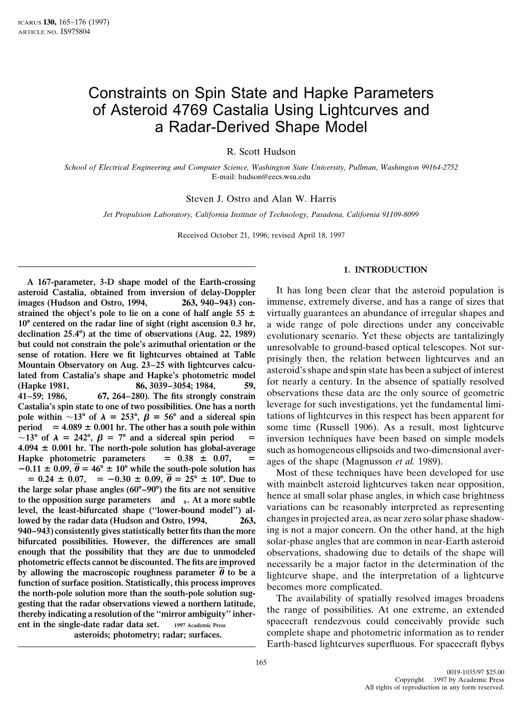 Constraints on Spin State and Hapke Parameters of Asteroid 4769 Castalia Using Lightcurves and a Radar-Derived Shape Model