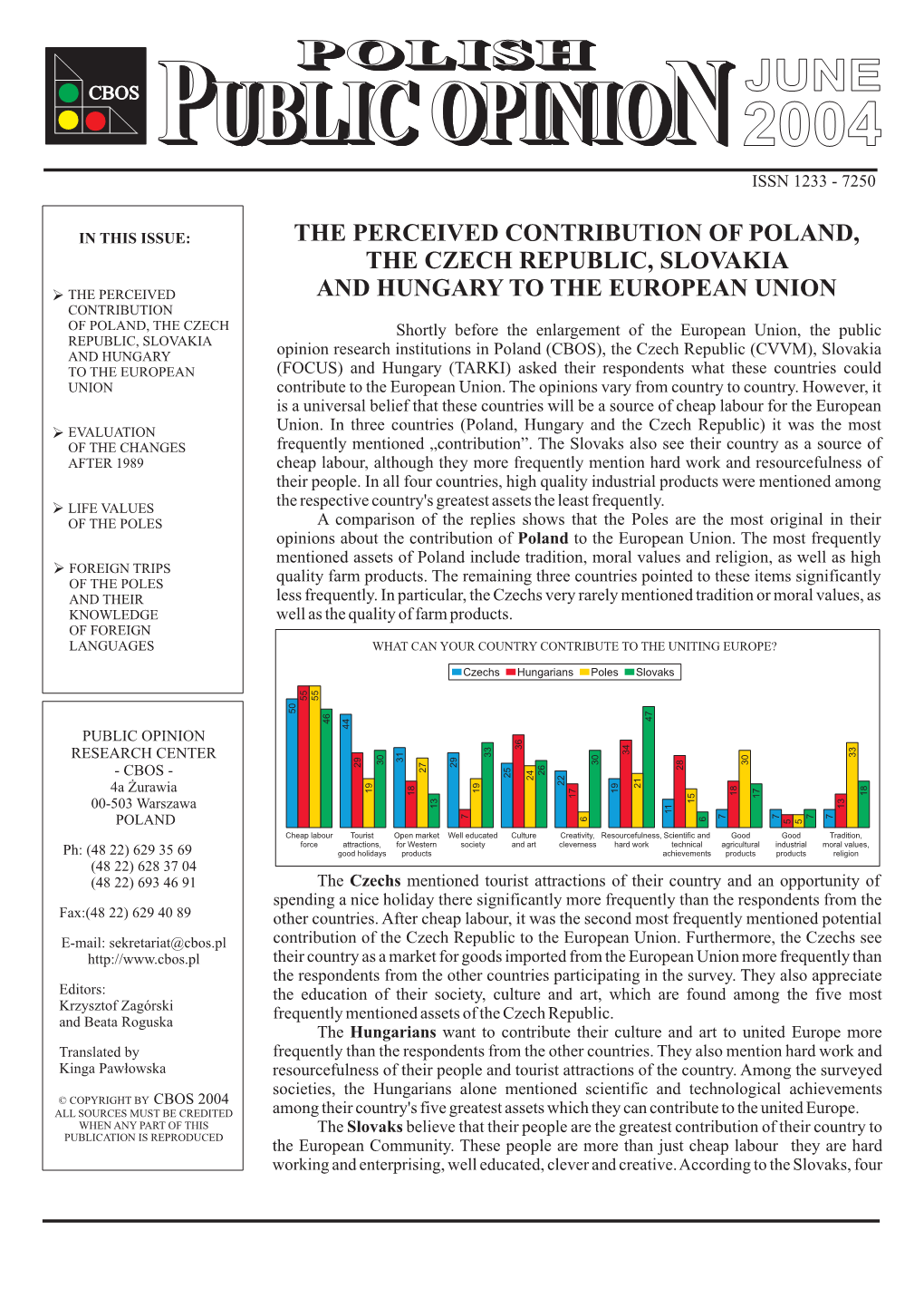 The Perceived Contribution of Poland, the Czech Republic, Slovakia and Hungary to the European Union