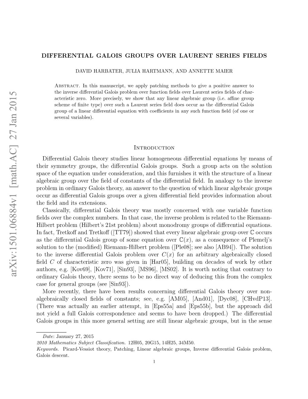 Differential Galois Groups Over Laurent Series Fields