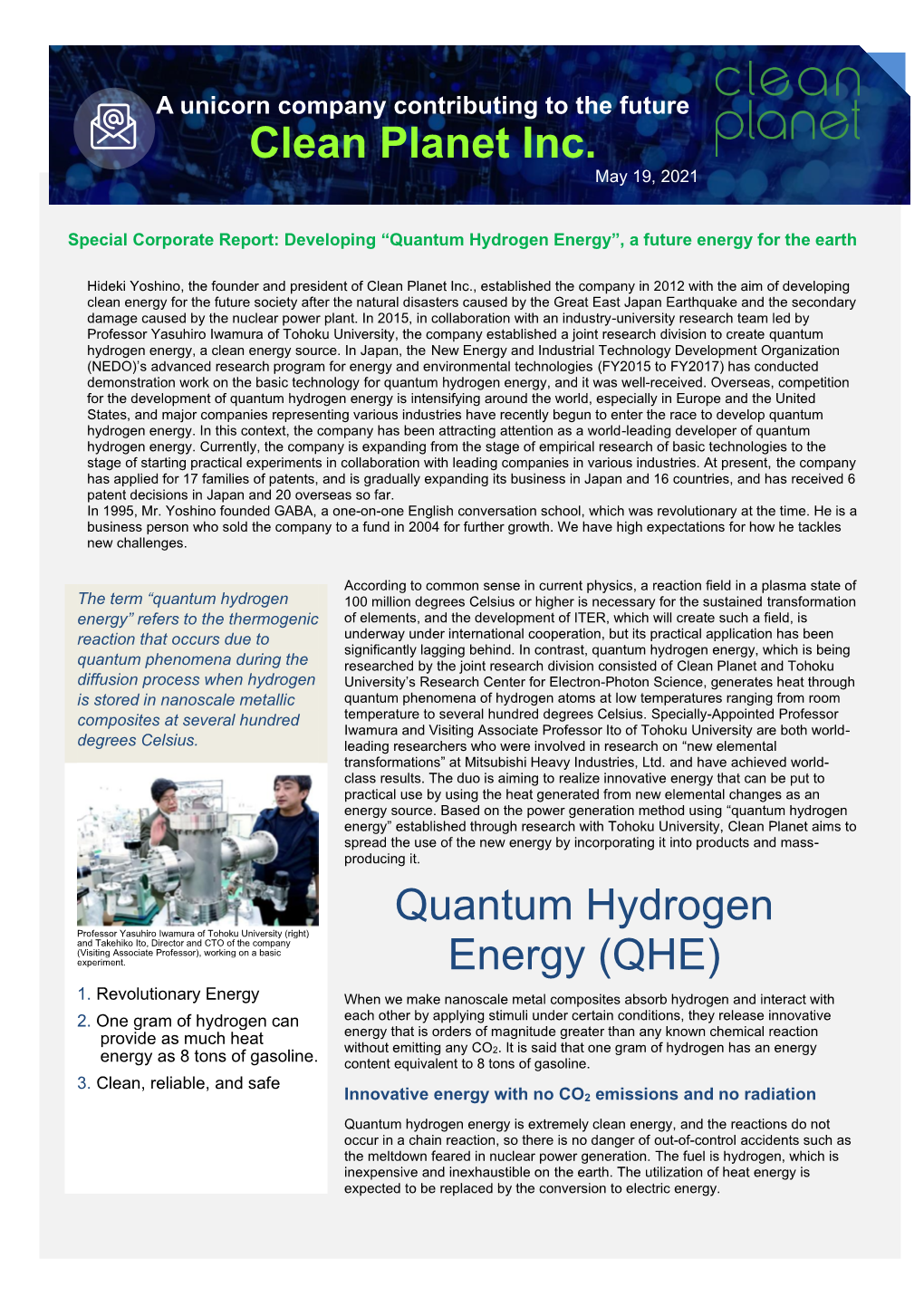 Clean Planet Inc. Quantum Hydrogen Energy (QHE)