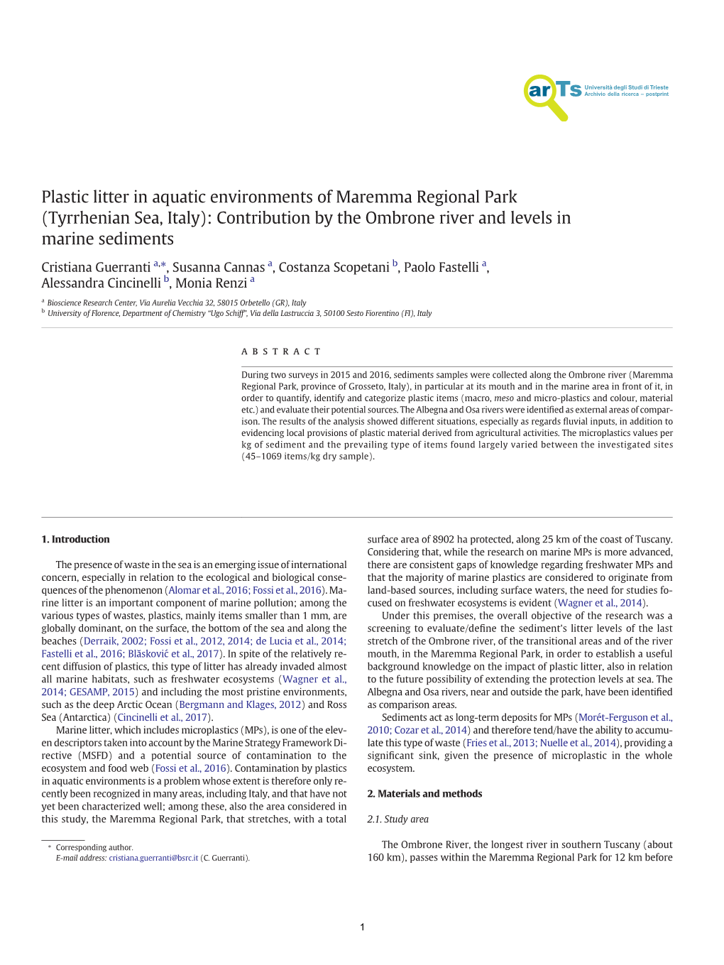 Plastic Litter in Aquatic Environments of Maremma Regional Park (Tyrrhenian Sea, Italy): Contribution by the Ombrone River and Levels in Marine Sediments