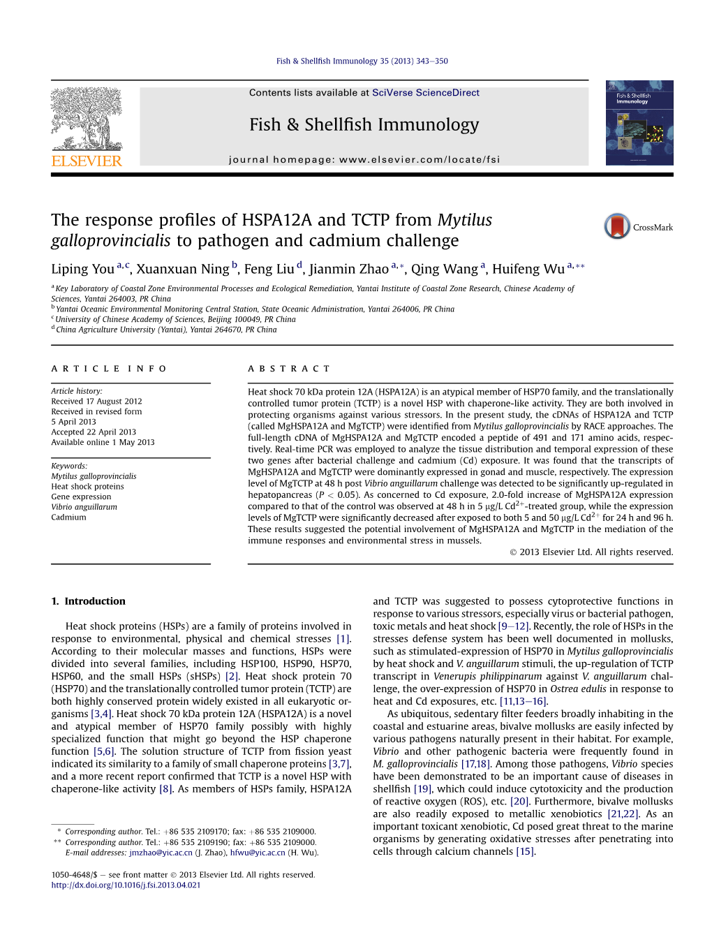 The Response Profiles of HSPA12A and TCTP from Mytilus Galloprovincialis to Pathogen and Cadmium Challenge