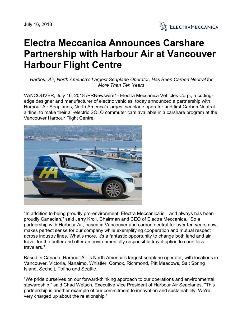 Electra Meccanica Announces Carshare Partnership with Harbour Air at Vancouver Harbour Flight Centre