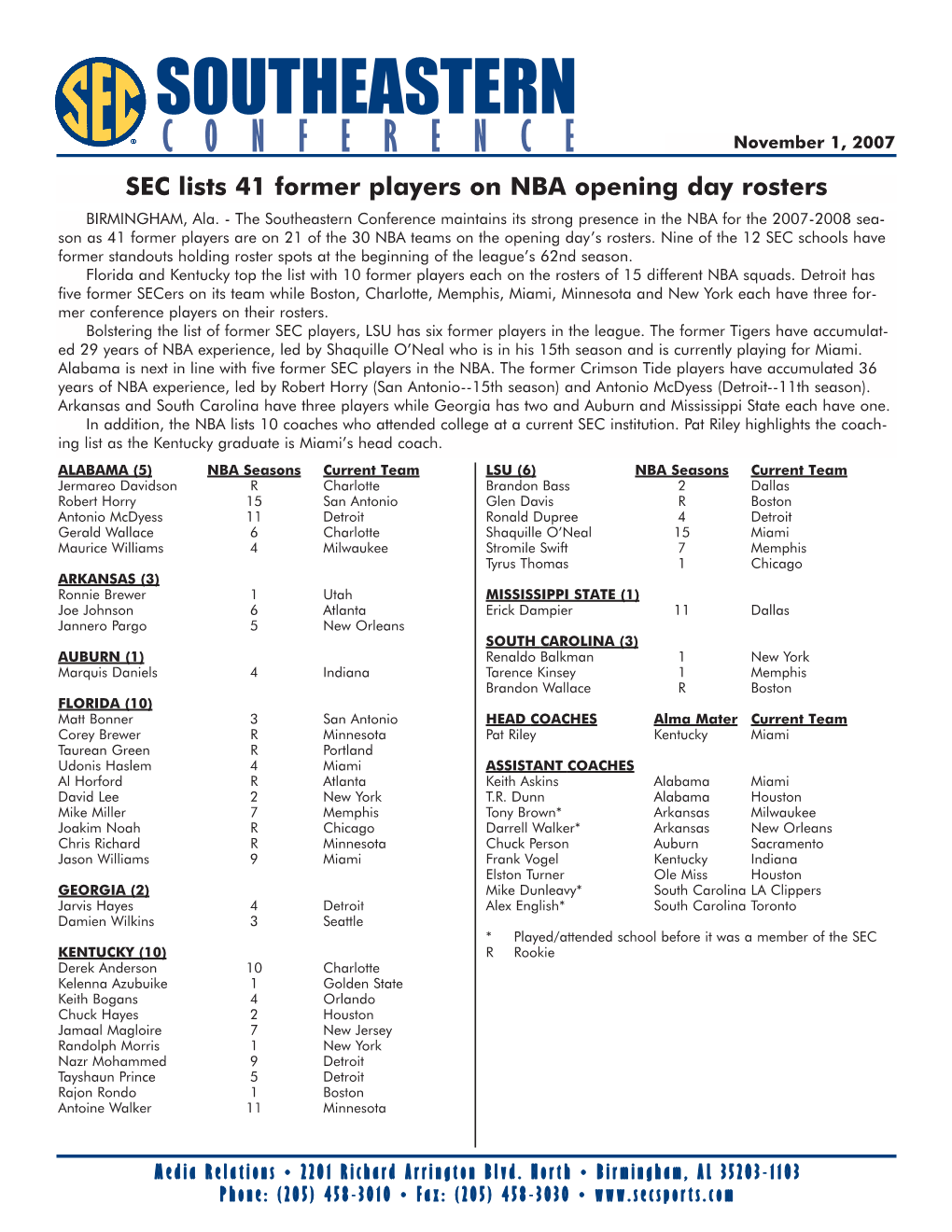 SOUTHEASTERN CONFERENCE November 1, 2007 SEC Lists 41 Former Players on NBA Opening Day Rosters BIRMINGHAM, Ala