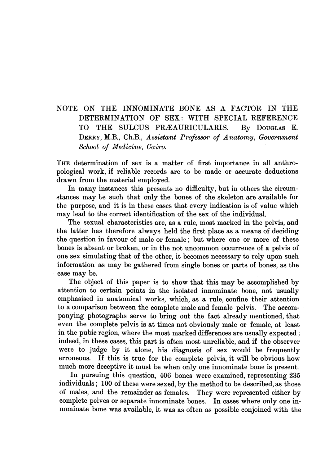 Note on the Innominate Bone As a Factor in the Determination of Sex: with Special Reference to the Sulcus Prieauricularis