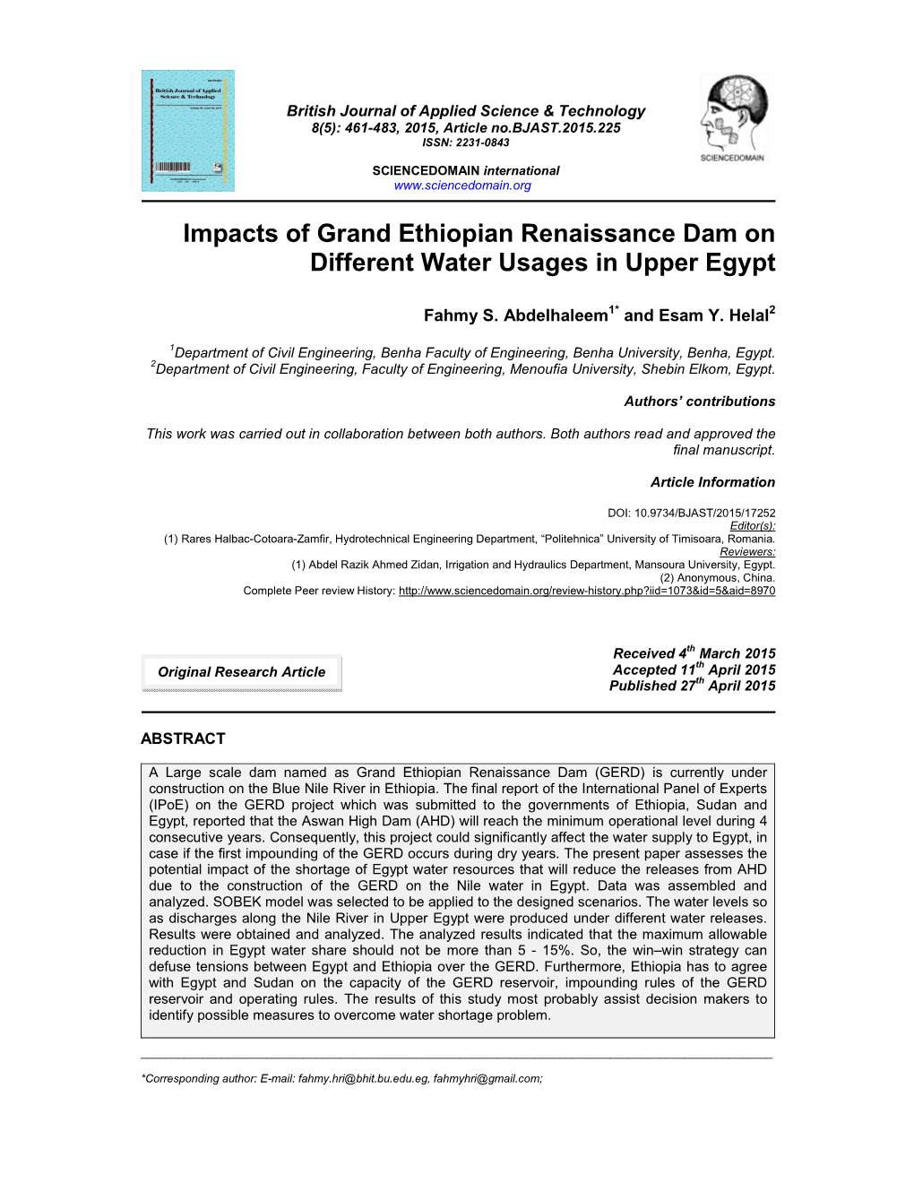 Impacts of Grand Ethiopian Renaissance Dam on Different Water Usages in Upper Egypt