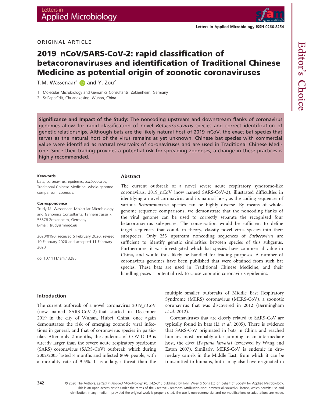 2019 Ncov/SARS‐Cov‐2: Rapid Classification of Betacoronaviruses