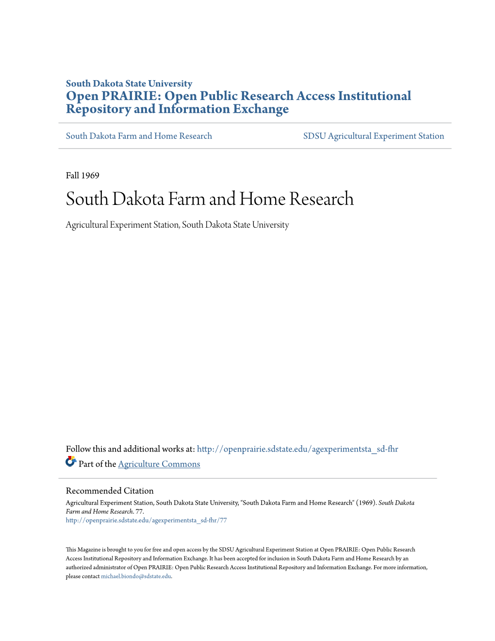 South Dakota Farm and Home Research SDSU Agricultural Experiment Station