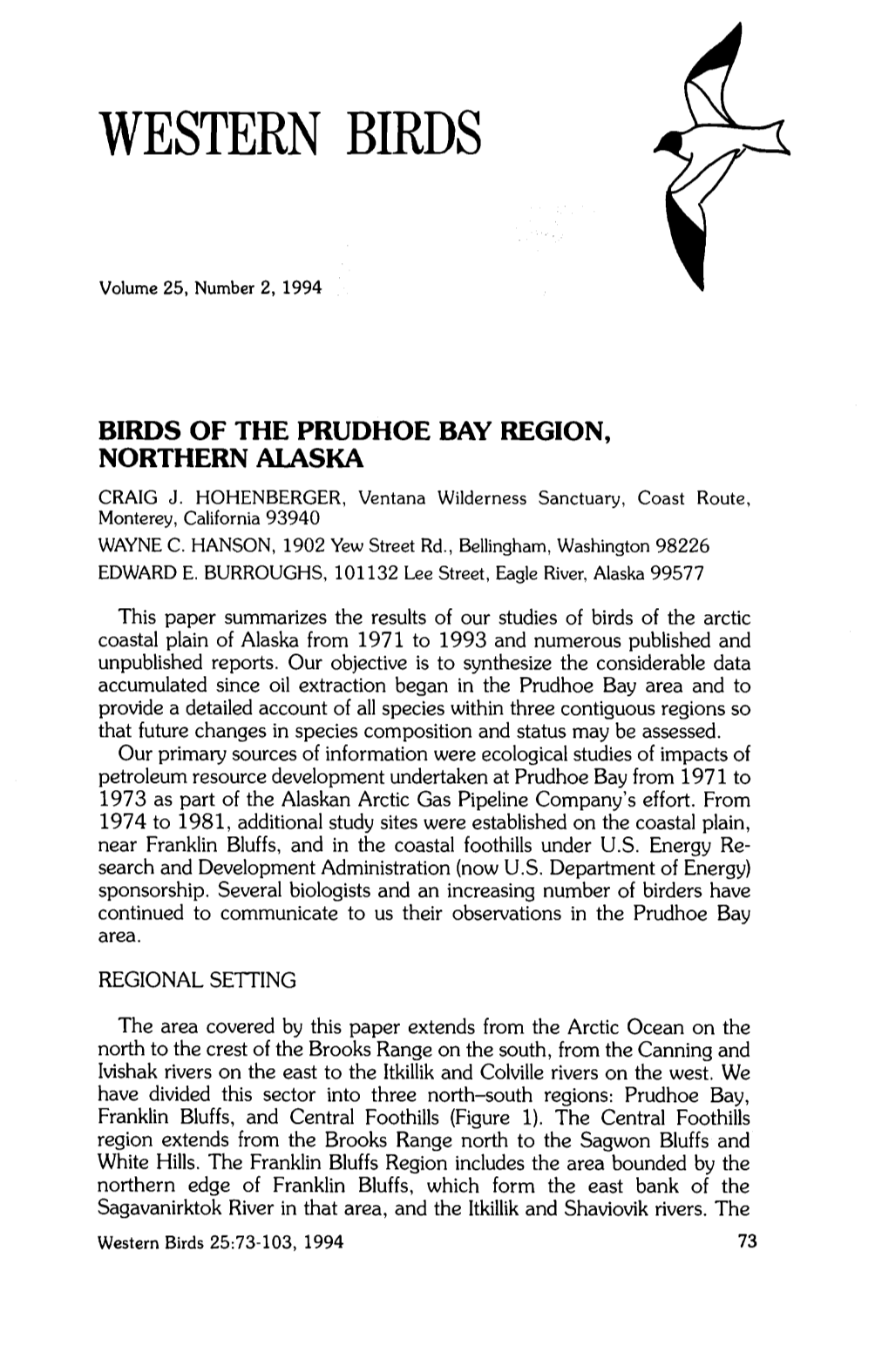 Birds of the Prudhoe Bay Region, Northern Alaska