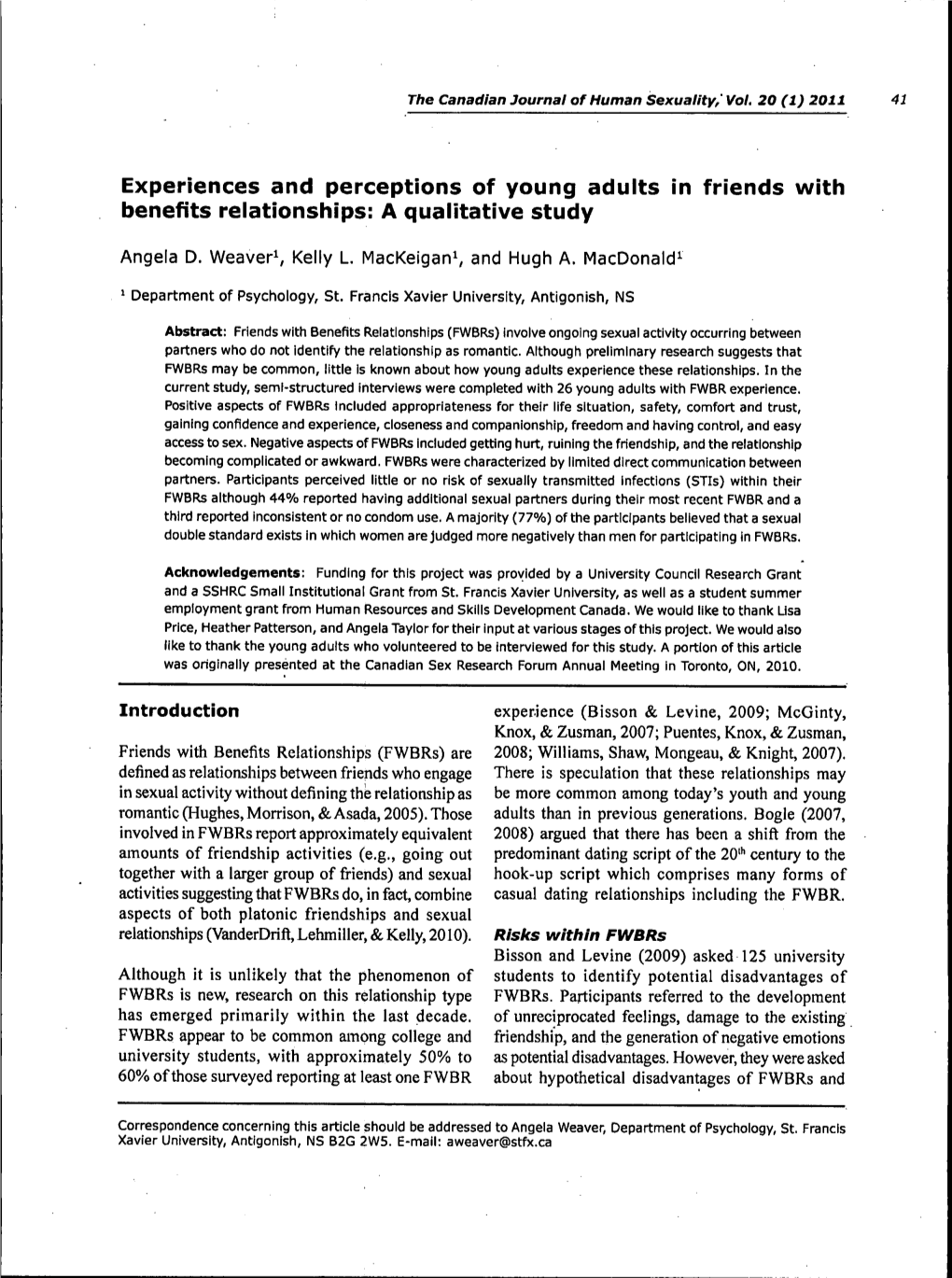 Experiences and Perceptions of Young Aduits in Friends with Benefits Reiationships: a Qualitative Study