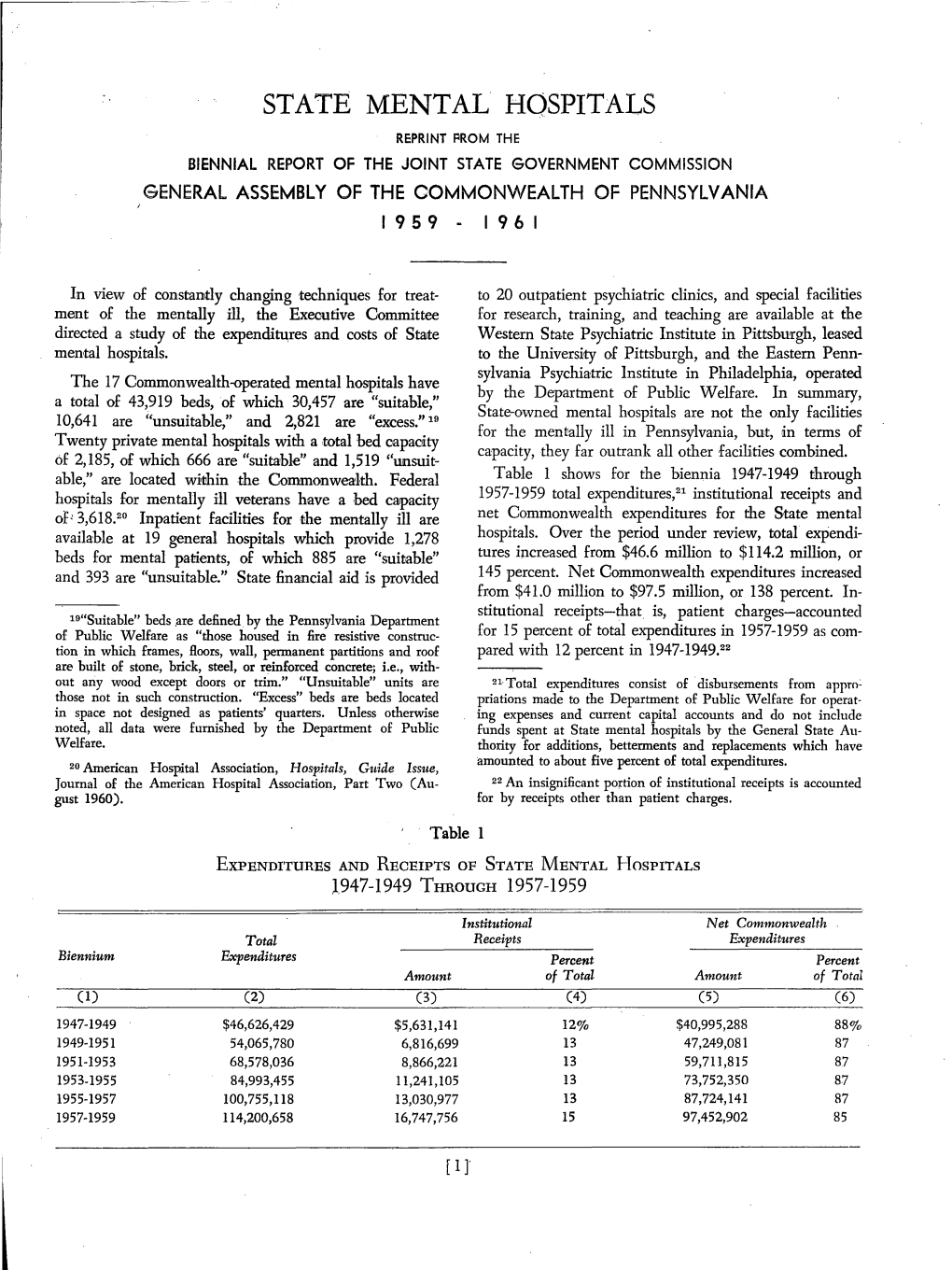 STATE MENTAL· HQSPITALS REPRINT Flrom the BIENNIAL REPORT of the JOINT STATE GOVERNMENT COMMISSION GENERAL ASSEMBLY of the OOMMONWEALTH of PENNSYLVANIA 1959 1961