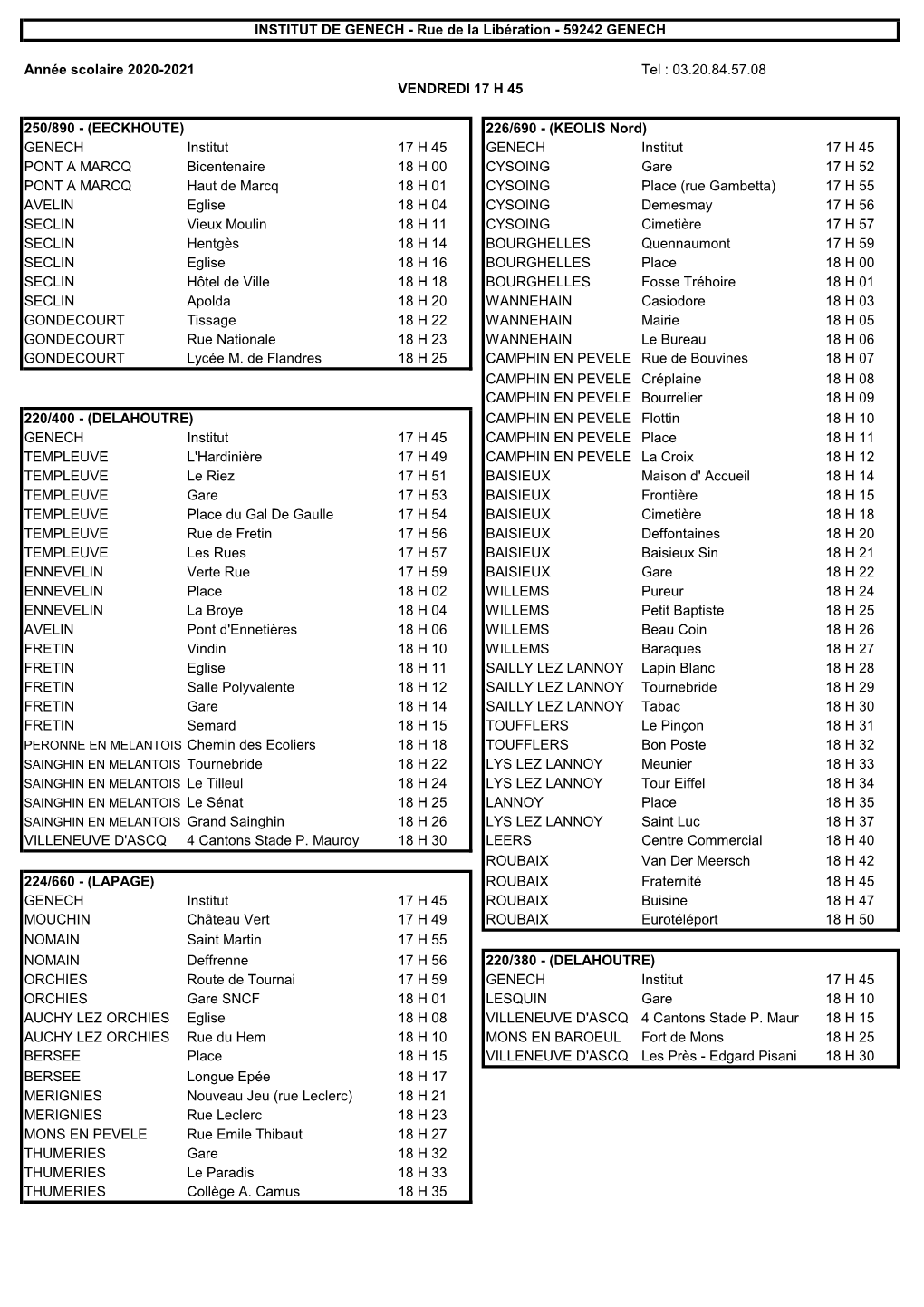 Année Scolaire 2020-2021 Tel : 03.20.84.57.08 VENDREDI 17 H 45