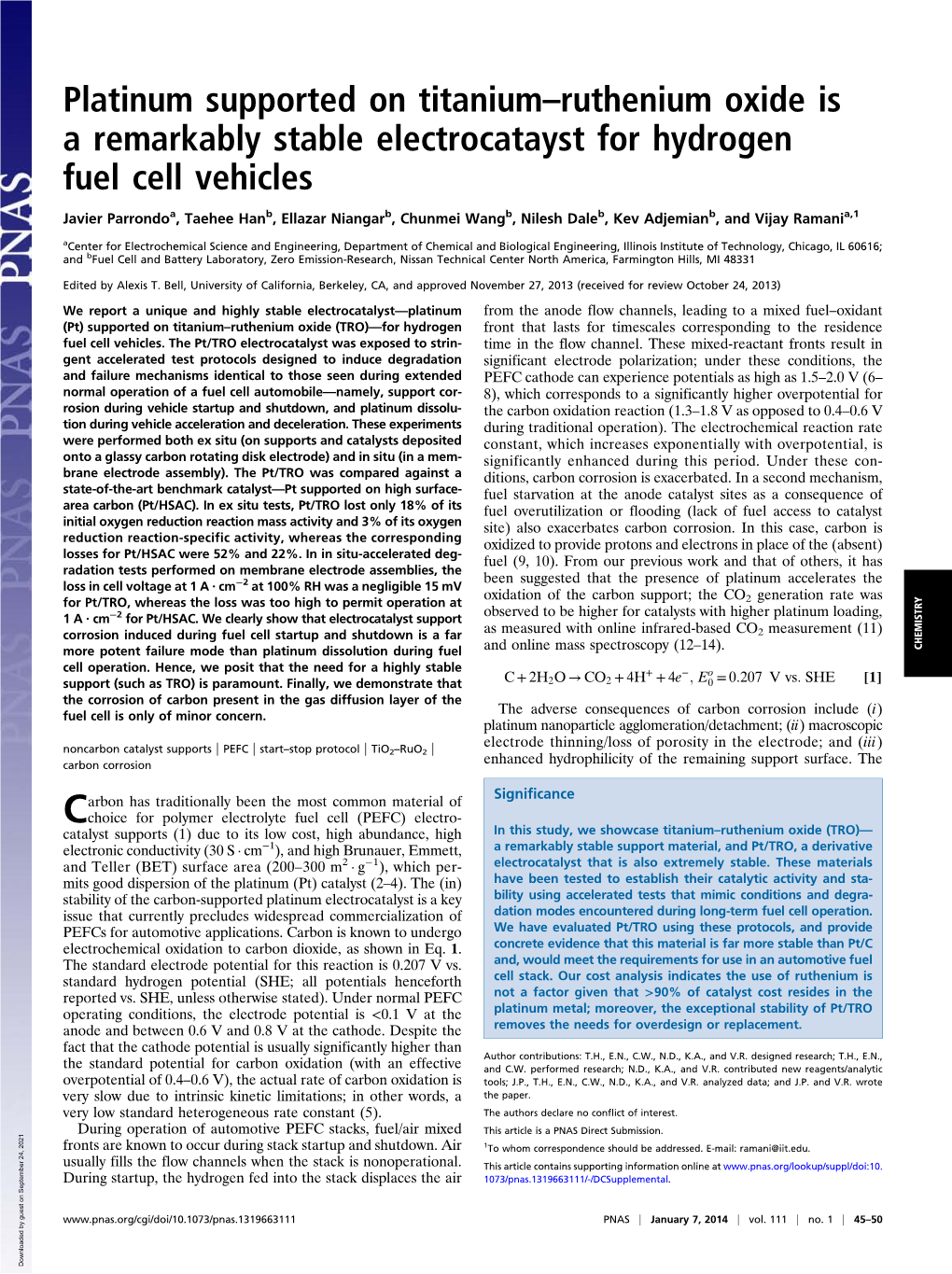 Platinum Supported on Titanium–Ruthenium Oxide Is a Remarkably Stable Electrocatayst for Hydrogen Fuel Cell Vehicles