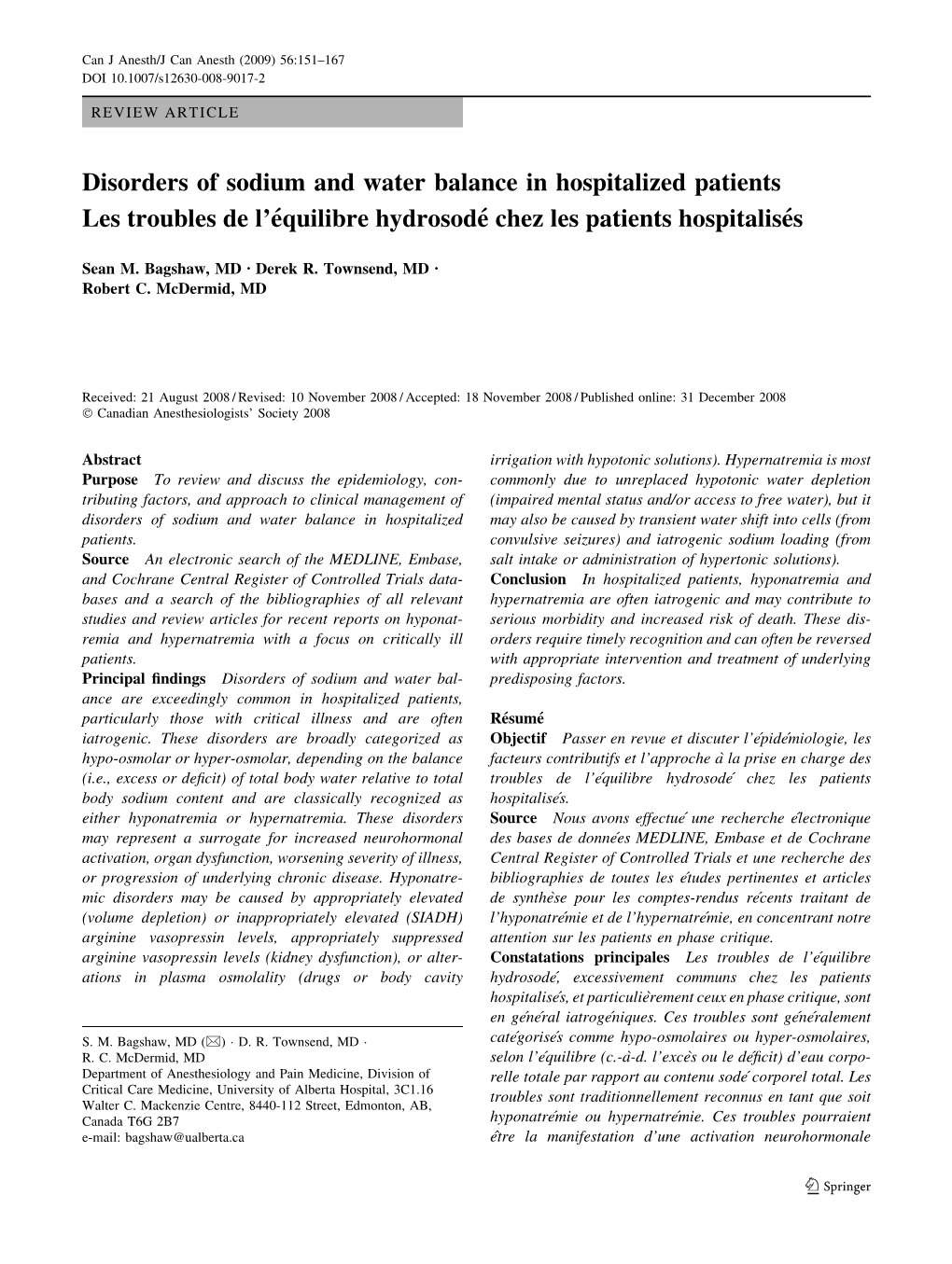 Disorders of Sodium and Water Balance in Hospitalized Patients Les Troubles De L’E´Quilibre Hydrosode´ Chez Les Patients Hospitalise´S