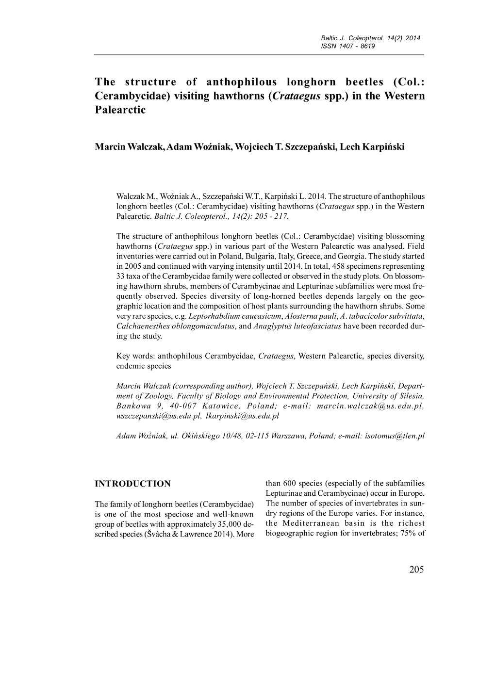 The Structure of Anthophilous Longhorn Beetles (Col.: Cerambycidae) Visiting Hawthorns (Crataegus Spp.) in the Western Palearctic