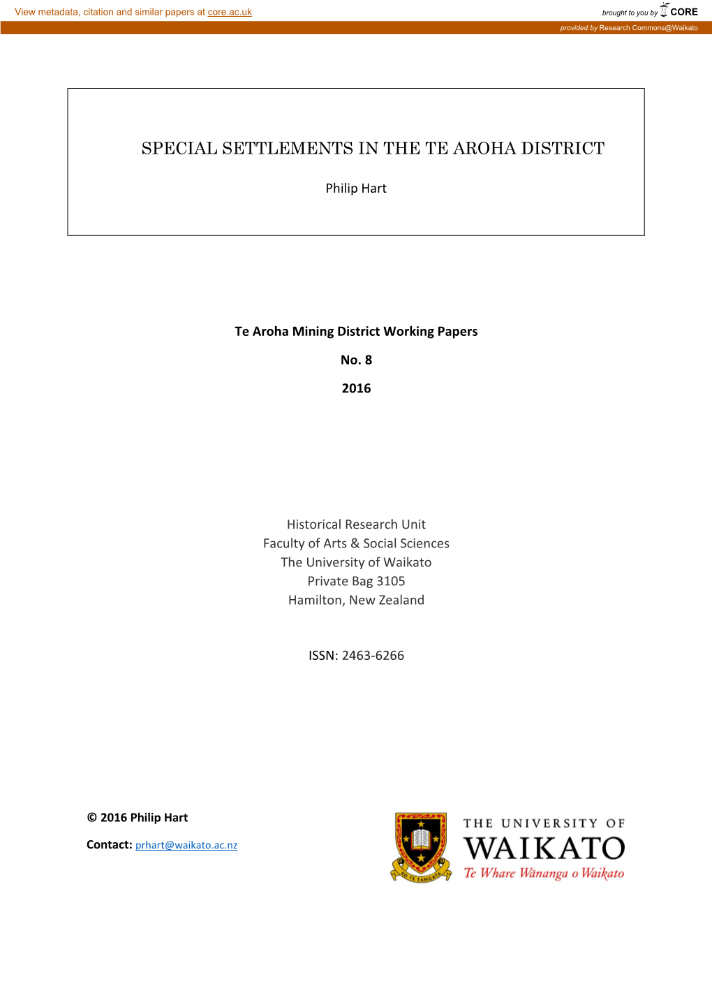 Special Settlements in the Te Aroha District