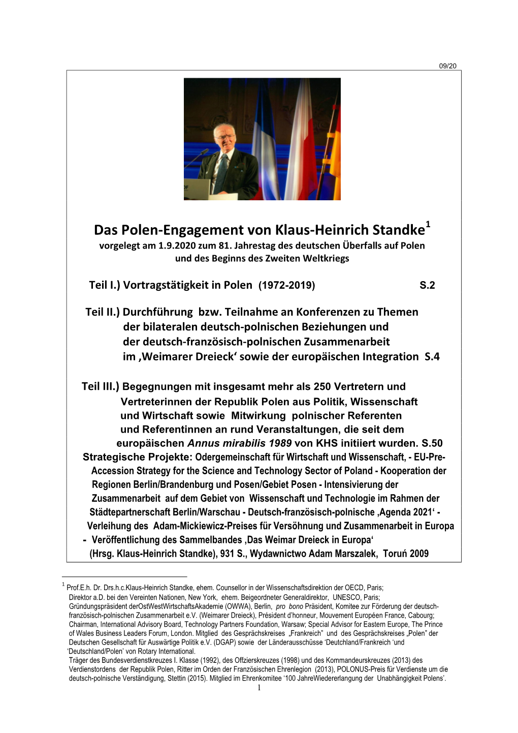 Das Polen-Engagement Von Klaus-Heinrich Standke1 Vorgelegt Am 1.9.2020 Zum 81