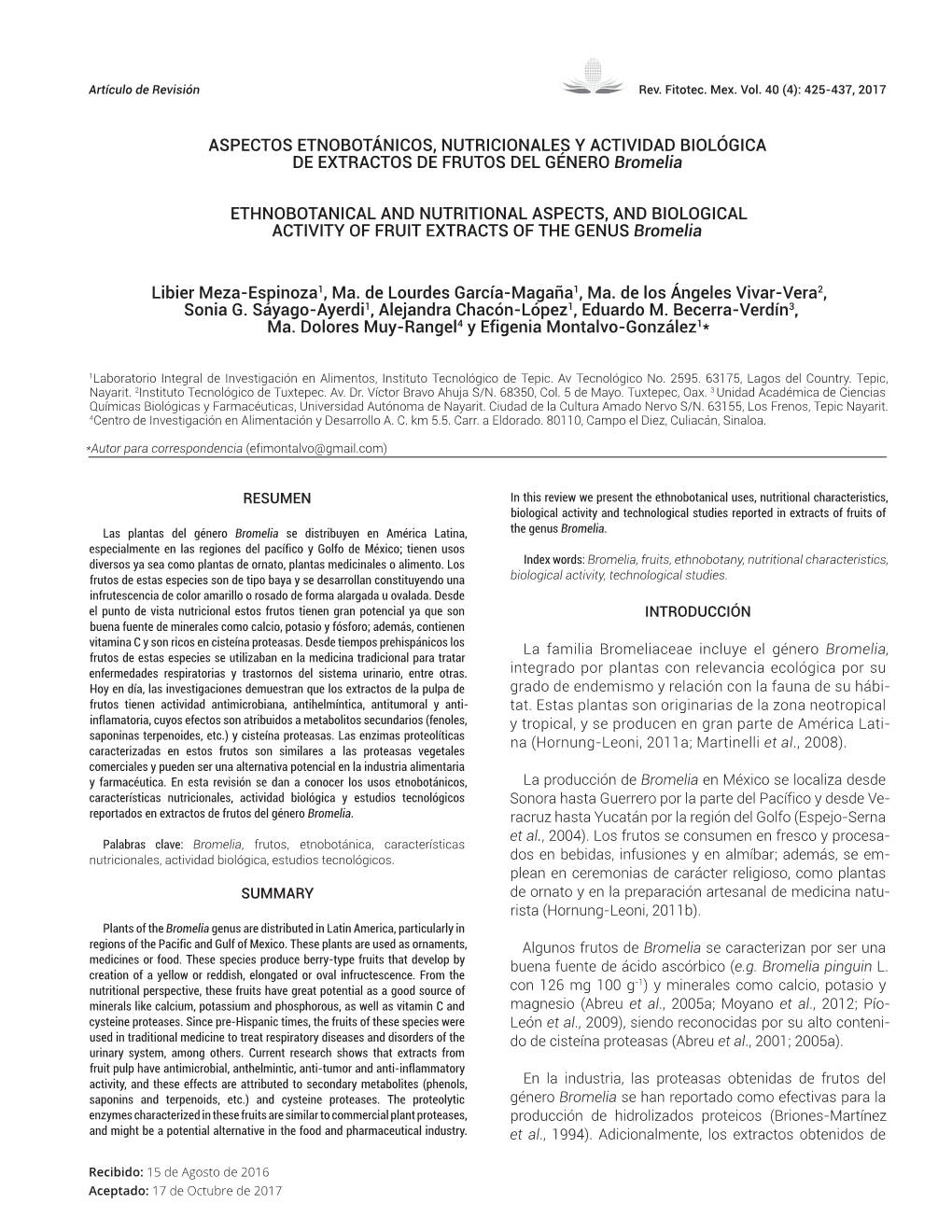 ASPECTOS ETNOBOTÁNICOS, NUTRICIONALES Y ACTIVIDAD BIOLÓGICA DE EXTRACTOS DE FRUTOS DEL GÉNERO Bromelia