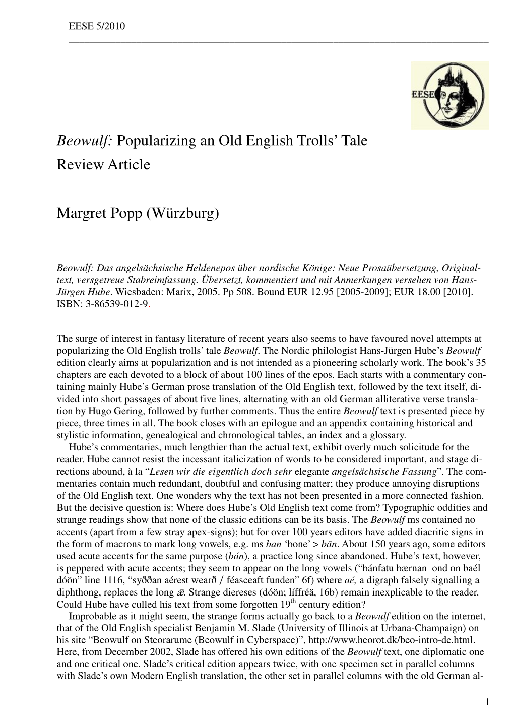 Beowulf: Popularizing an Old English Trolls' Tale Review Article Margret