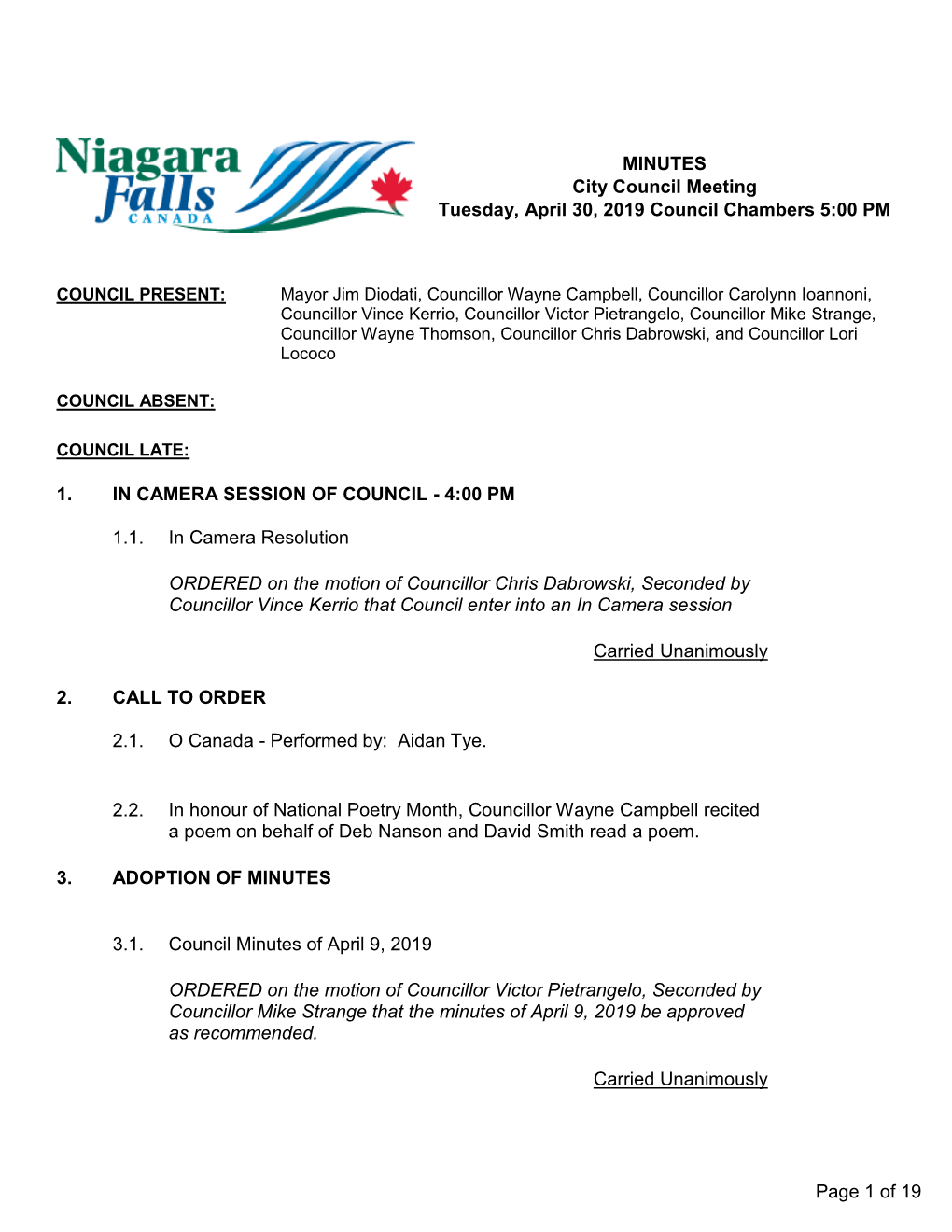 City Council Meeting Tuesday, April 30, 2019 Council Chambers 5:00 PM