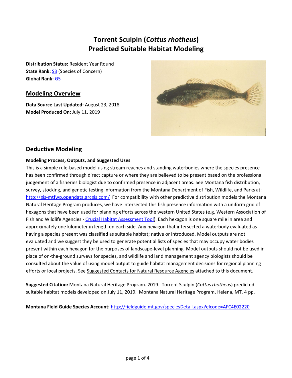 Torrent Sculpin (Cottus Rhotheus) Predicted Suitable Habitat Modeling