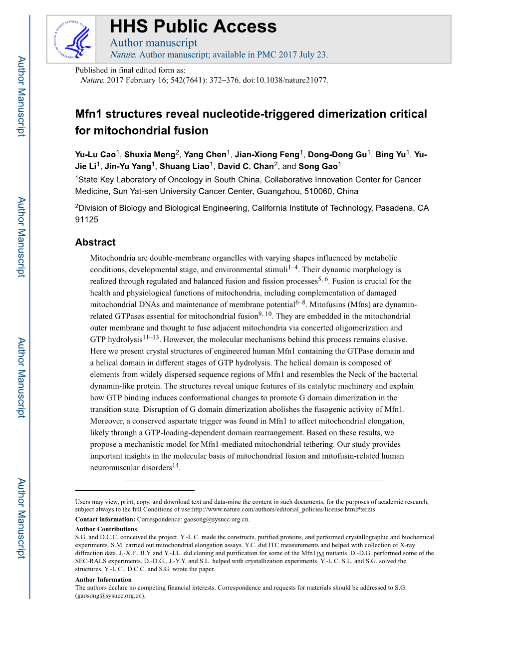 Mfn1 Structures Reveal Nucleotide-Triggered Dimerization Critical for Mitochondrial Fusion