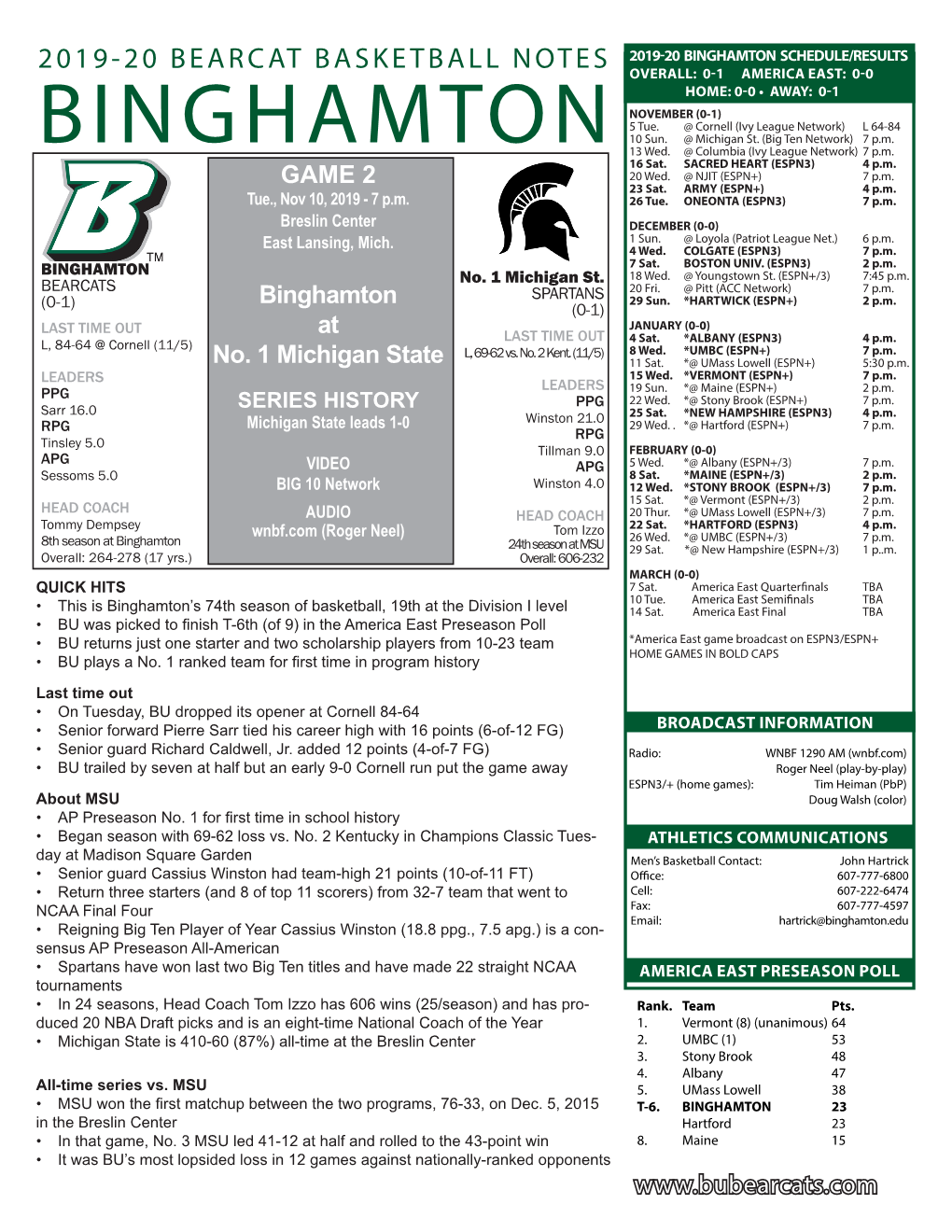 Binghamton Schedule/Results 2019-20 Bearcat Basketball Notes Overall: 0-1 America East: 0-0 Home: 0-0 • Away: 0-1