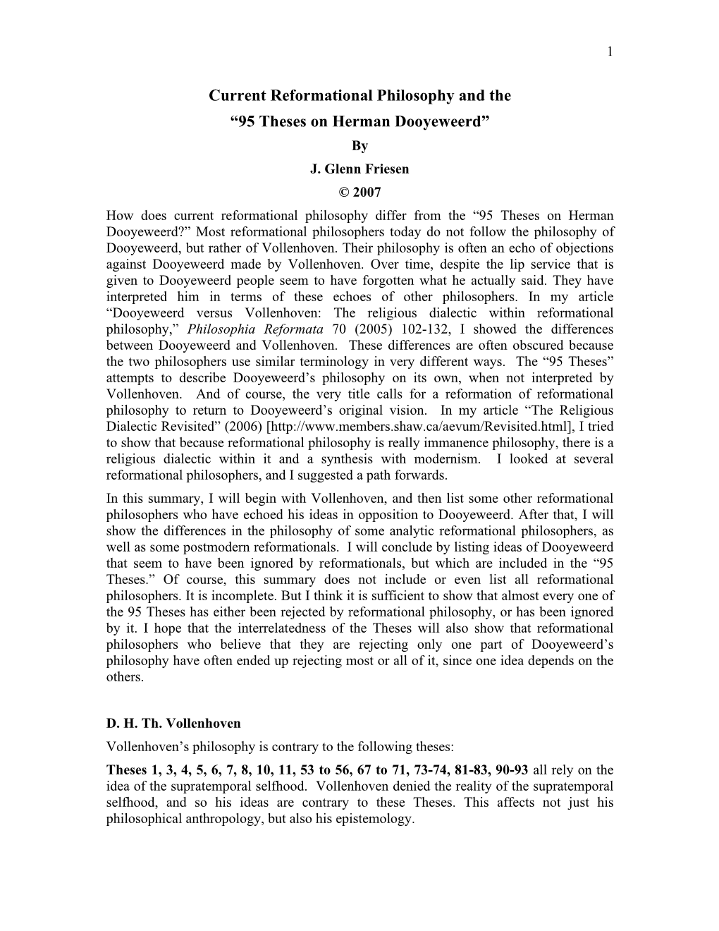 Current Reformational Philosophy and the “95 Theses on Herman Dooyeweerd” by J