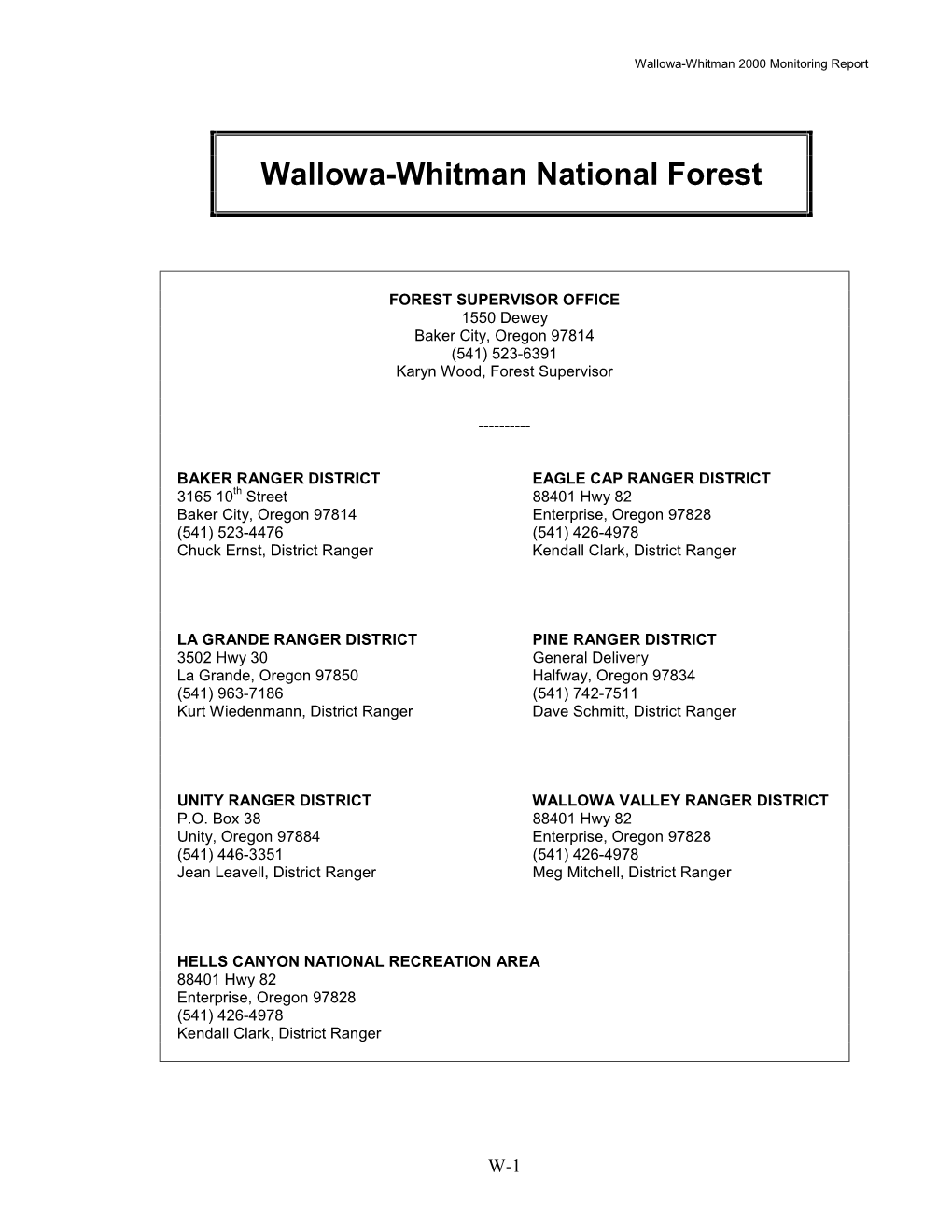 Wallowa-Whitman 2000 Monitoring Report