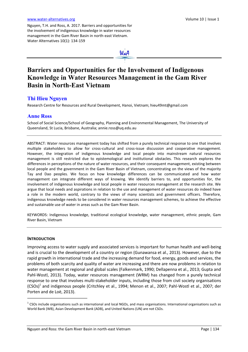 Barriers and Opportunities for the Involvement of Indigenous Knowledge in Water Resources Management in the Gam River Basin in North-East Vietnam