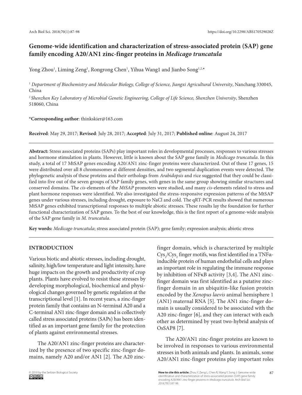 Genome-Wide Identification and Characterization of Stress-Associated Protein (SAP) Gene Family Encoding A20/AN1 Zinc-Finger Proteins in Medicago Truncatula