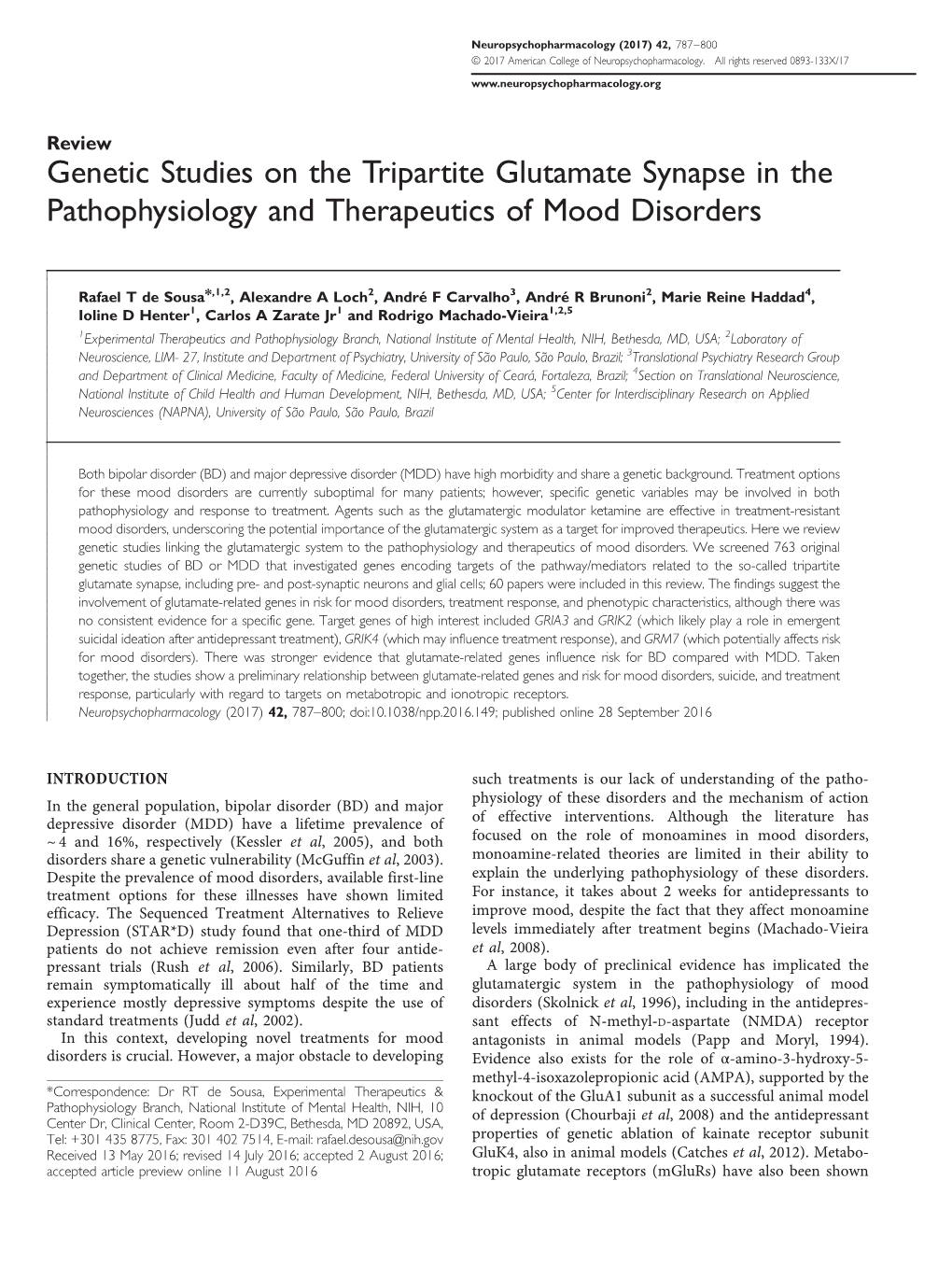Genetic Studies on the Tripartite Glutamate Synapse in the Pathophysiology and Therapeutics of Mood Disorders
