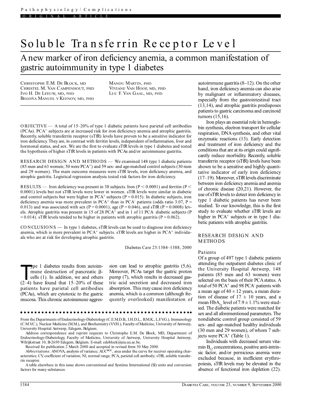 Soluble Transferrin Receptor Level a New Marker of Iron Deficiency Anemia, a Common Manifestation of Gastric Autoimmunity in Type 1 Diabetes