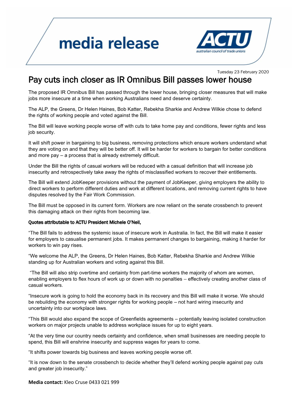 Pay Cuts Inch Closer As IR Omnibus Bill Passes Lower House