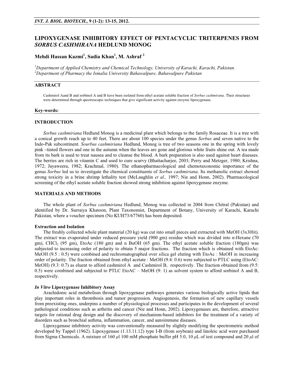 Lipoxygenase Inhibitory Effect of Pentacyclic Triterpenes from Sorbus Cashmirana Hedlund Monog