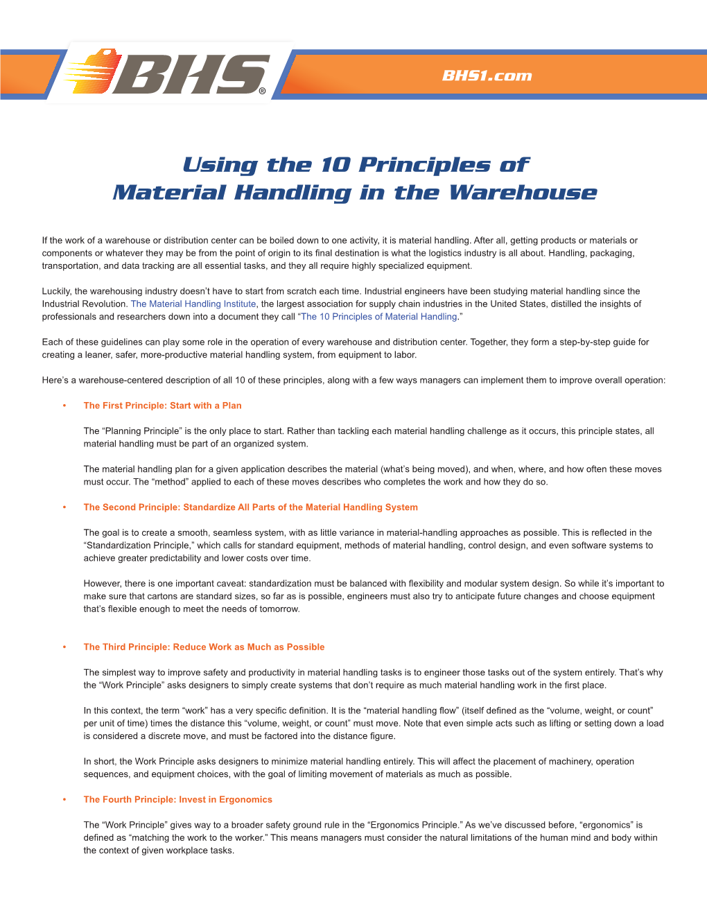 Using the 10 Principles of Material Handling in the Warehouse