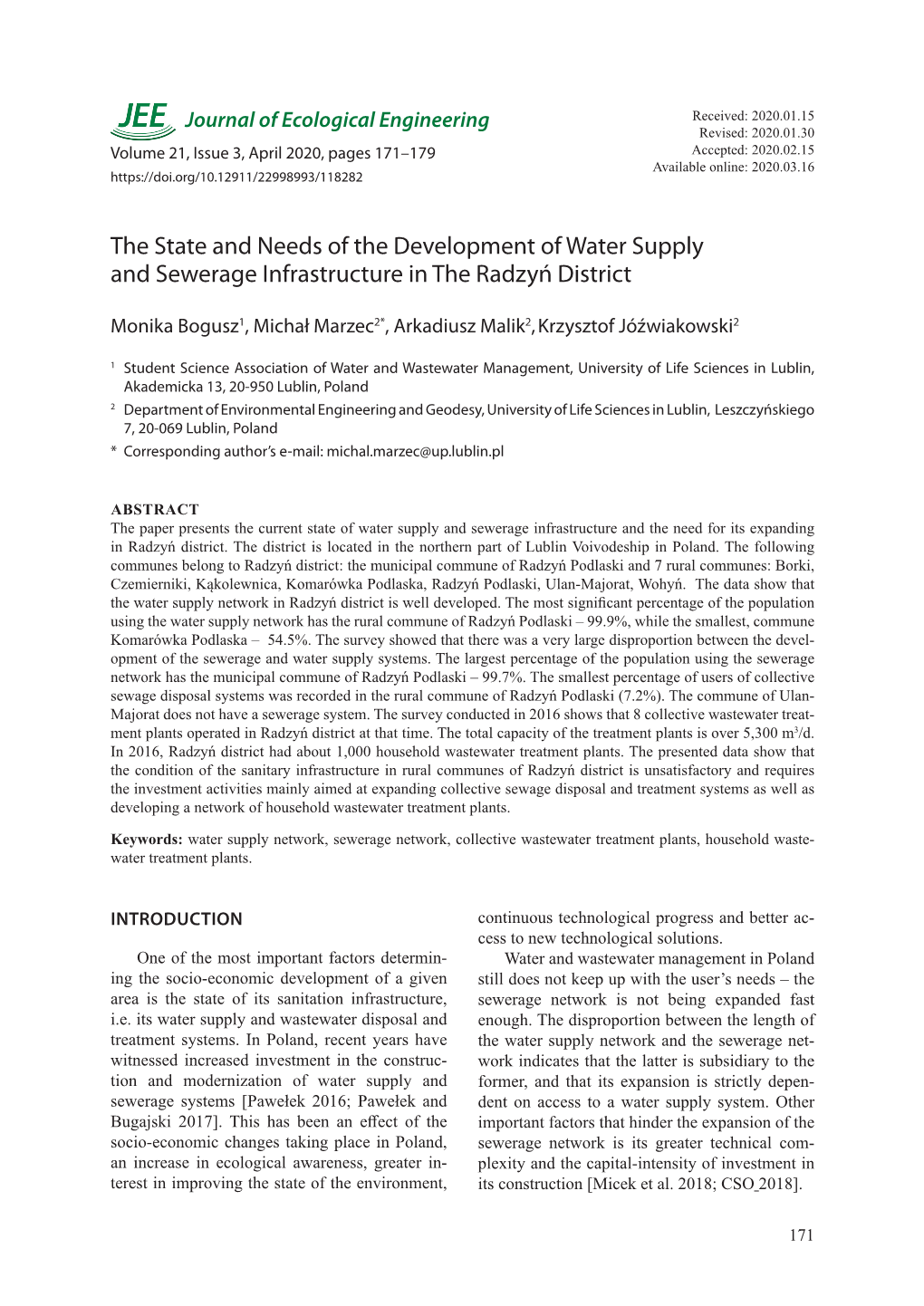 The State and Needs of the Development of Water Supply and Sewerage Infrastructure in the Radzyń District