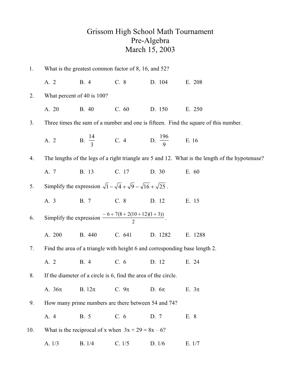 Grissom High School Math Tournament