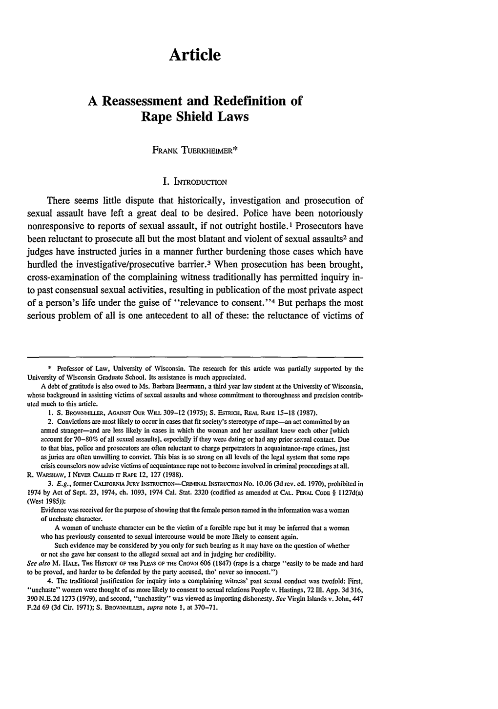 Reassessment and Redefinition of Rape Shield Laws, A