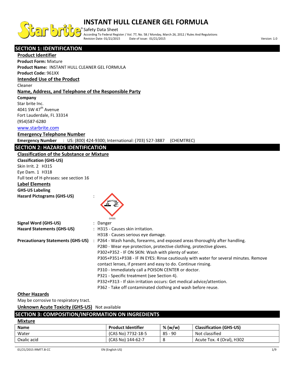 INSTANT HULL CLEANER GEL FORMULA Safety Data Sheet According to Federal Register / Vol