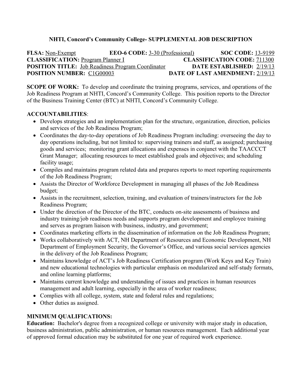 New Hampshire Technical Institute - Supplemental Job Description s1