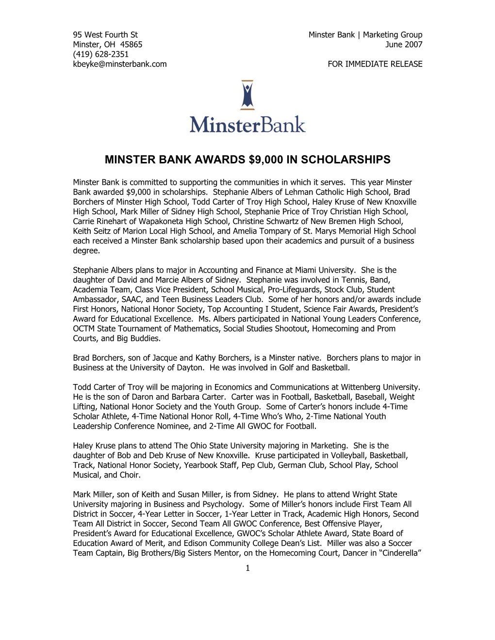 Minster Bank Awards $9,000 in Scholarships