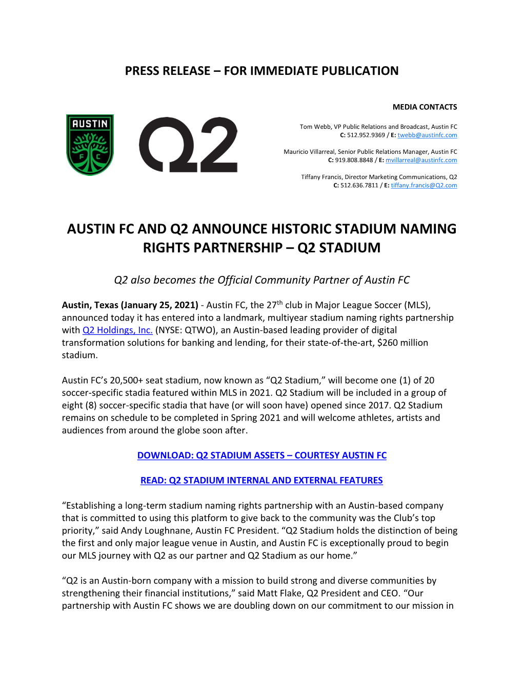 Austin Fc and Q2 Announce Historic Stadium Naming Rights Partnership – Q2 Stadium