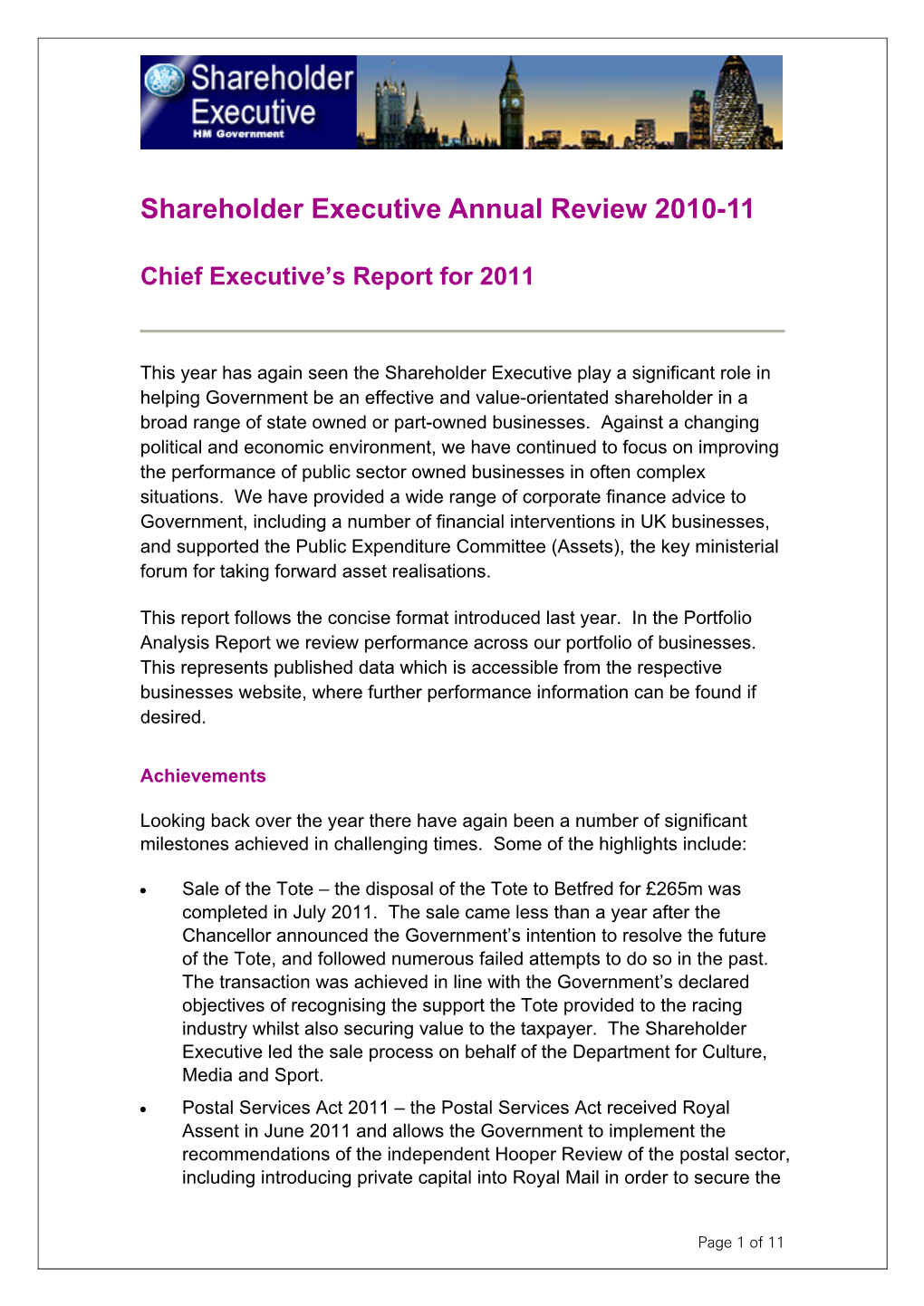 Shareholder Executive Annual Review 2010-11