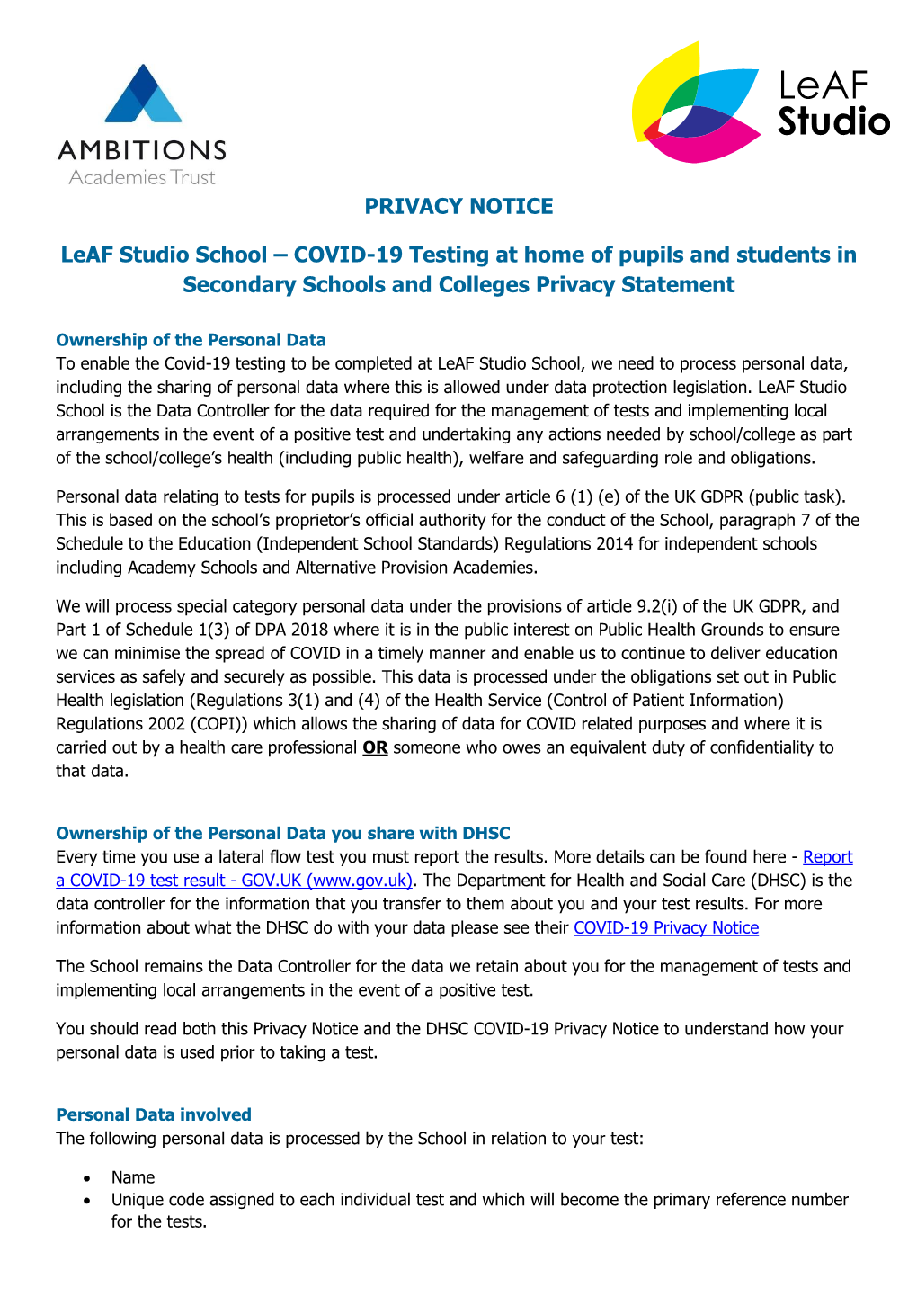 PRIVACY NOTICE Leaf Studio School – COVID-19 Testing At