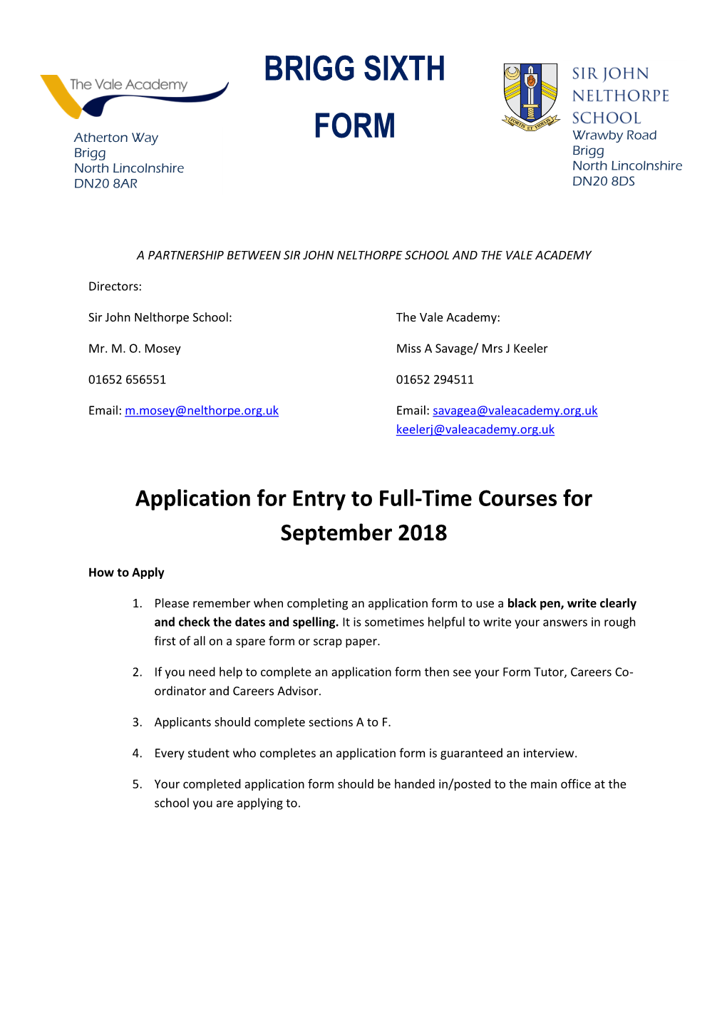Application for Entry to Full-Time Courses for September 2018