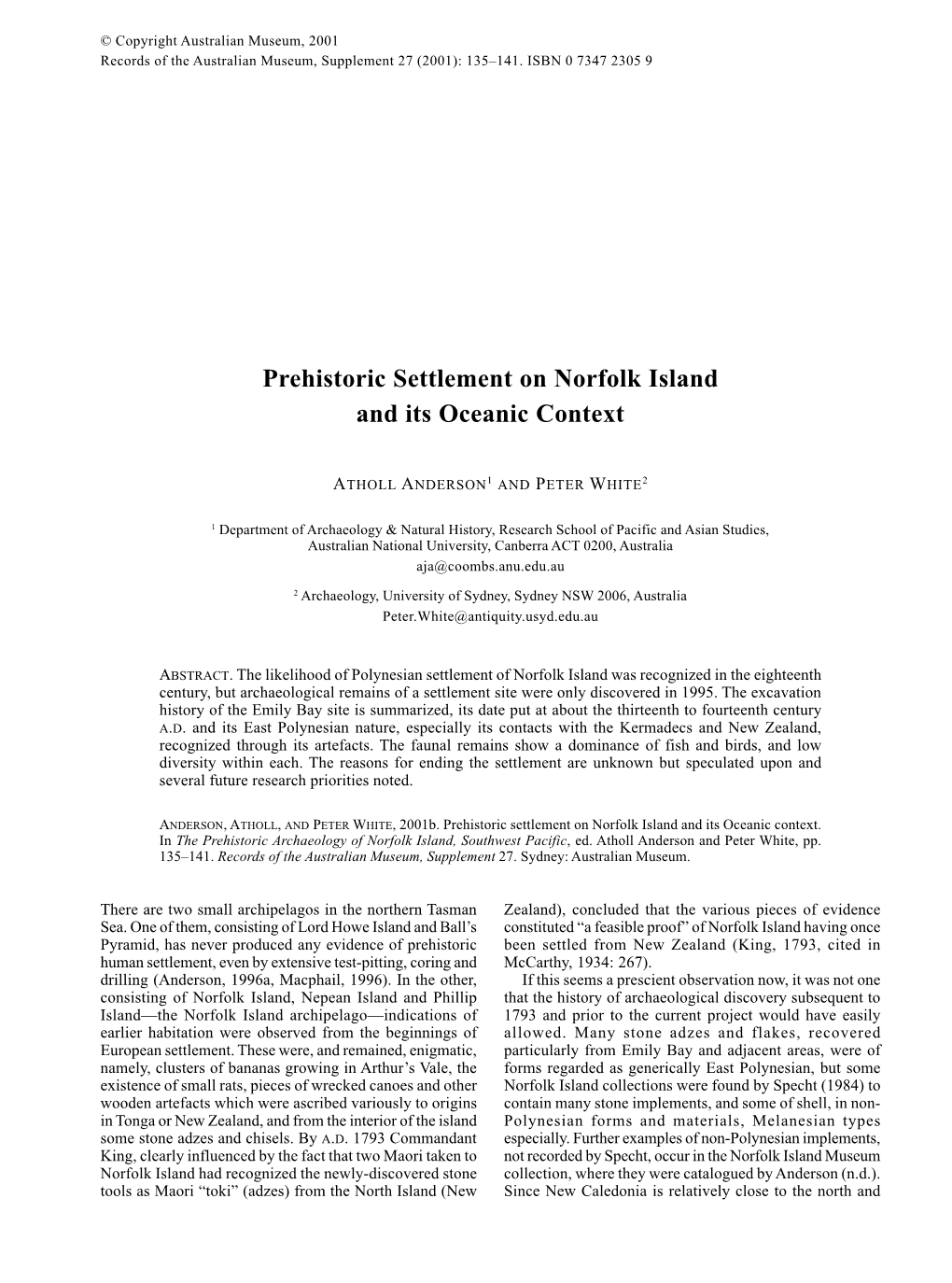 Prehistoric Settlement on Norfolk Island and Its Oceanic Context